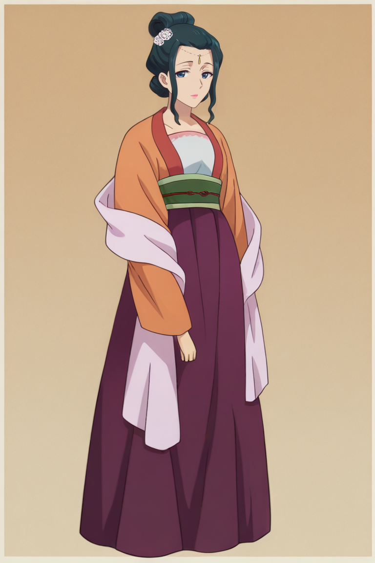 03123-3820640773-1girl,full body,standing, _ywal,green hair,updo,hair bun,sidelocks,hair flower,blue eyes,pink lips,forehead jewel,orange hanfu,p.png
